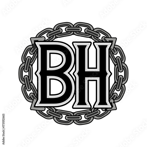 A black and white logo featuring the letters BH enclosed within a chain.