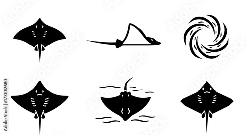 A collection of black silhouette icons depicting stingrays and manta rays in different views, alongside an abstract swirl design.