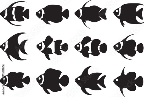Fish, Angelfish, Clownfish, Goldfish silhouette vector