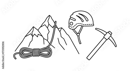Mountain climbing gear vector illustration featuring helmet ice axe rope and mountains for outdoor adventure