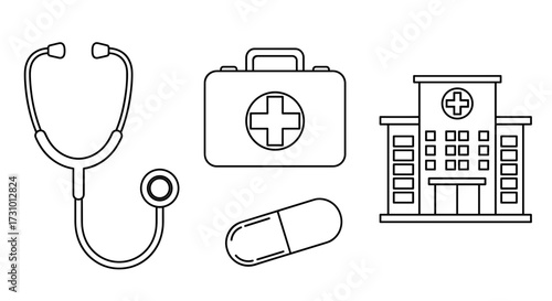 Medical healthcare outline icons set stethoscope first aid kit hospital building and pill line art vector 100