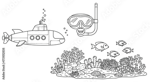 Coloring page of submarine under sea with coral reef fish and diving mask for kids activity and fun 100