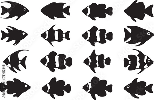 Fish, Angelfish, Clownfish, Goldfish silhouette vector
