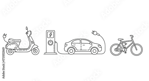 Electric vehicle charging station with scooter car and bike eco transportation future mobility clean energy 100