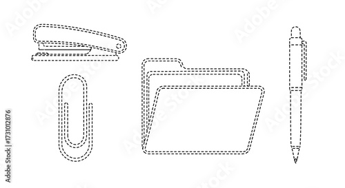 Office supplies outline vector: stapler, paperclip, folder, and pen for stationery and business needs design