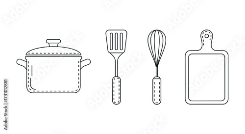 Outline kitchen utensils cooking pot spatula whisk cutting board culinary tools kitchenware equipment vector