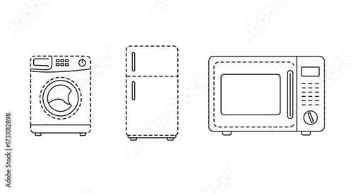 Vector line art illustration of washing machine refrigerator and microwave appliance for kitchen home use