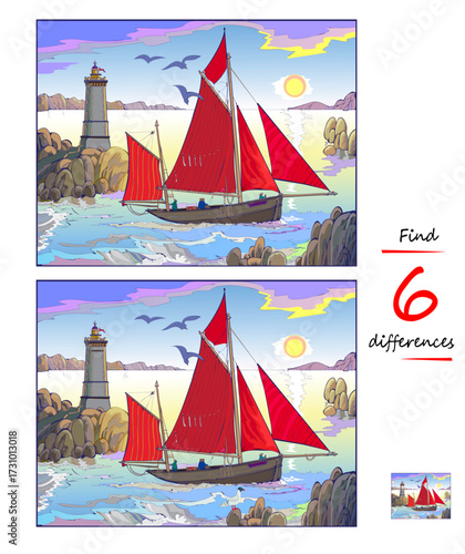 Find 6 differences. Logic puzzle game for children and adults. Drawing of a seascape with a Celtic sailboat in Douarnenez bay. Page for kids brain teaser book. Hand drawn vector Illustration.