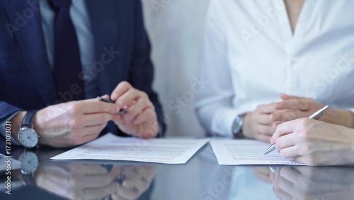 Fotografie Diverse business people discussing contract terms before signing the agreement