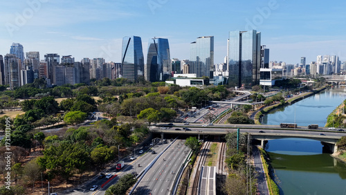 Povo Park At Sao Paulo In Brazil. Offices Towers Landscape. Downtown District Scenery. Highrise Buildings. Povo Park At Sao Paulo In Brazil. Nature Park Background. Sao Paulo Brazil.