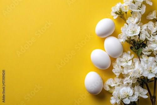 White eggs and spring blossoms on a vibrant yellow background