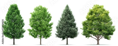 Four different trees against a white background.  Various shades of green foliage.  Symmetrical arrangement.  Isolated