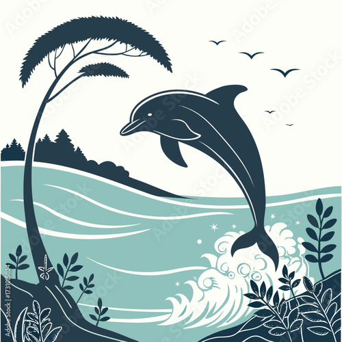 Stylized illustration of a dolphin jumping out of the water near a tree and coastal vegetation created with generated ai