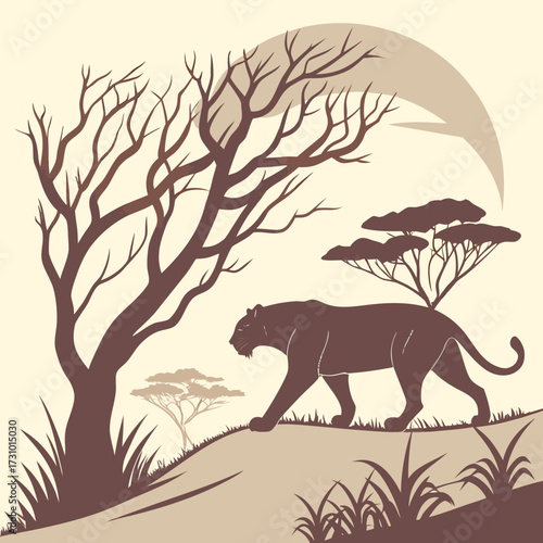 A silhouette of a panther walking in the savanna with trees and grass under a crescent moon design created with generated ai