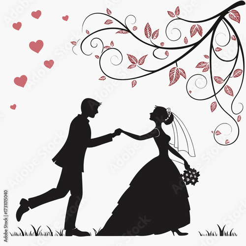 Silhouette of a bride and groom holding hands under a leafy branch with floating hearts above them created with generated ai