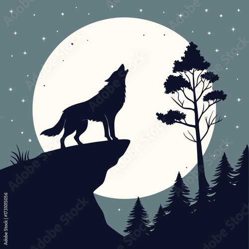 Silhouette of a wolf howling at the moon on a cliff with trees and stars in a dark night landscape created with generated ai
