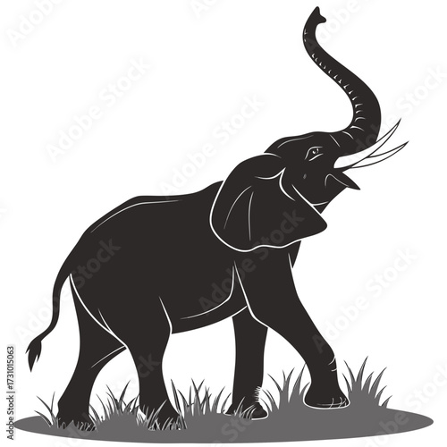 Silhouette of an elephant standing on grass with its trunk raised in the air on a white background created with generated ai