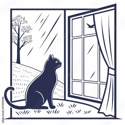A black cat sitting by an open window looking at a bird outside with a tree in the background scene view created with generated ai