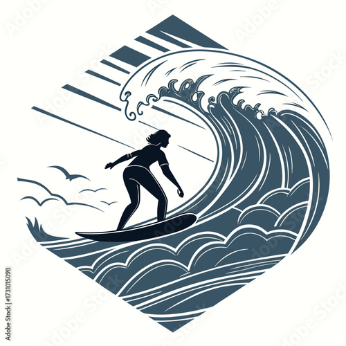 Silhouette of a woman surfing on a large wave with birds and sunlight in a framed square design created with generated ai