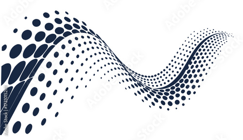 Abstract wave pattern with varying sized dots in dark blue against a white background creates a flowy look created with generated ai