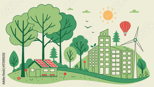 Illustration of a sustainable community with solar panels wind turbine and green buildings in a landscape created with generated ai
