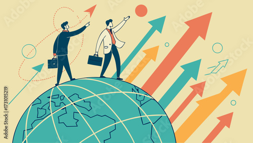 Two businessmen standing on the earth with upward pointing arrows representing global business growth created with generated ai