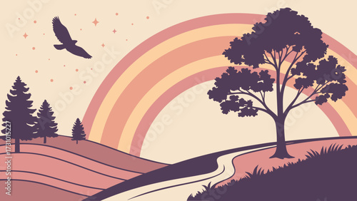 Illustration of a landscape with a rainbow, trees, a bird, and stars in a stylized design created with generated ai