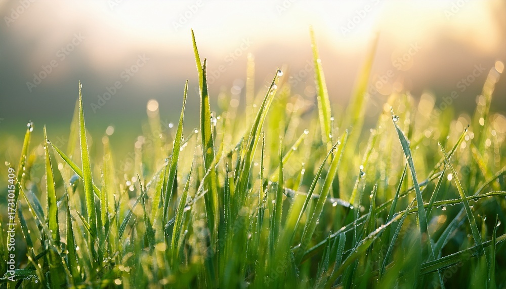 Fototapeta premium Fresh Grass With Dew Drops Close Up