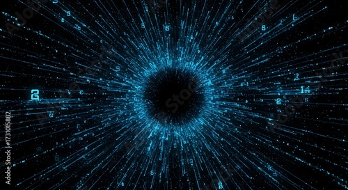 Digital tunnel abstract data stream with glowing lines and numeric symbols