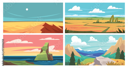 Travel nature landscapes. Touristic panoramic backgrounds set, mountain cliff sea rock summer field meadow desert dunes clouds in sunset sky cartoon scenery vector illustration