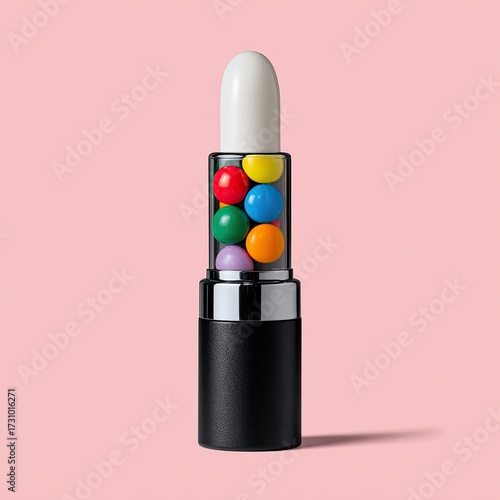 A black lipstick tube filled with colorful candy. A white lip balm or gloss sticks out from the top of the tube