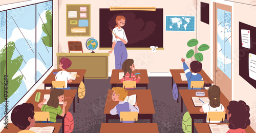 Classroom back view. Teacher at school board teaching lesson for children on class desk, students kids learning study room interior professor chalkboard classy vector illustration