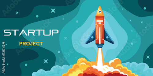 Rocketship startup. Cartoon rocket start up concept, spaceship launch to space sky, business project background spacecraft booster take off with smoke, kicky vector illustration