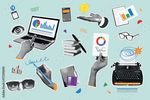 Office halftone collage. Business strategy development work time element, computer laptop typewriter graph document vintage paper pop art cutout sticker, exact vector illustration