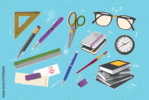 Stationery halftone collage. School supplies, college university study element, pen glasses pencil scissors ruler education marketing vintage stickers exact vector illustration