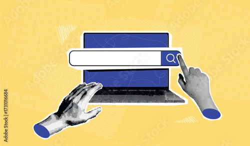 Laptop search collage. Website search bar, seo internet paper news computer online work research digital communication technology study concept pop art exact vector illustration