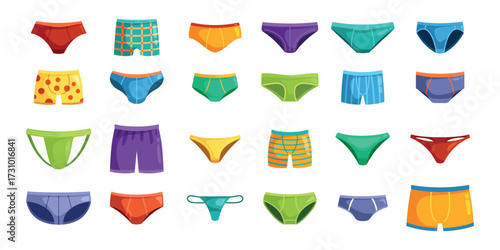 Mens underwear. Men underpants, male panties boxer fashion pants casual briefs shorts swimwear underware boys lingerie swimming kids trunks, cartoon set kicky vector illustration
