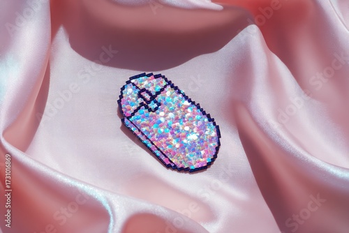 A pixelated computer mouse, crafted from iridescent glitter, rests on a blush pink satin surface