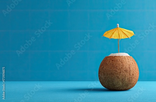 A miniature yellow umbrella atop a coconut half,  on a turquoise background