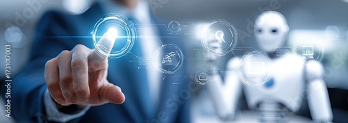 Futuristic interface with a person interacting with a holographic display and a robot in the background