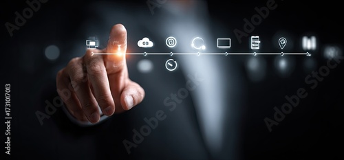 Businessperson's finger highlights a sequential digital timeline