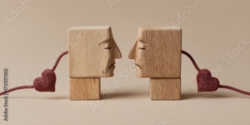 Two wooden block heads, carved with sad faces, connected by a maroon heart-shaped thread