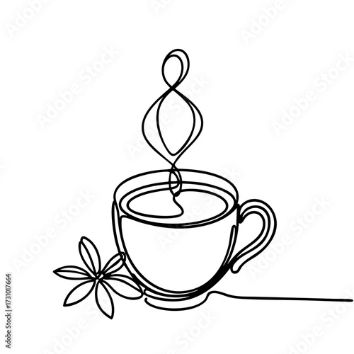 Elegant black line art drawing of a steaming coffee cup with a vanilla flower, minimalistic style on a plain white background, concept of creativity and relaxation