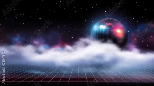 Abstract celestial sphere floating above grid and clouds in space