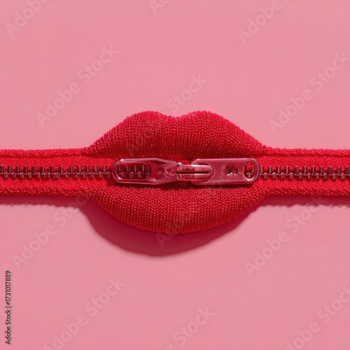 A red zipper is positioned horizontally across a pink surface, with a red fabric lip shape positioned in the center, where the zipper is open