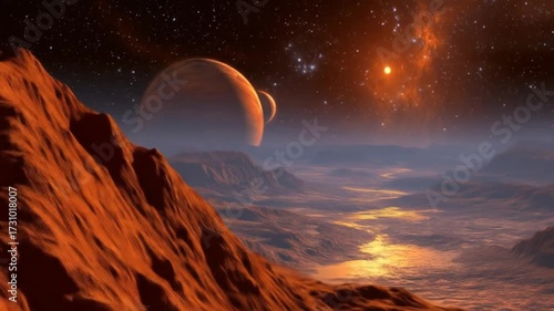 Planetary landscape with nebulae and celestial bodies