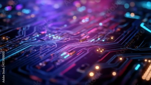 Circuit board with glowing neon lines representing complex technology