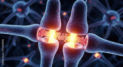 Close up of neural connection synapse, nerve impulse transmitting, chemical signals bridging gap between neurons, abstract biological background, glowing activity.