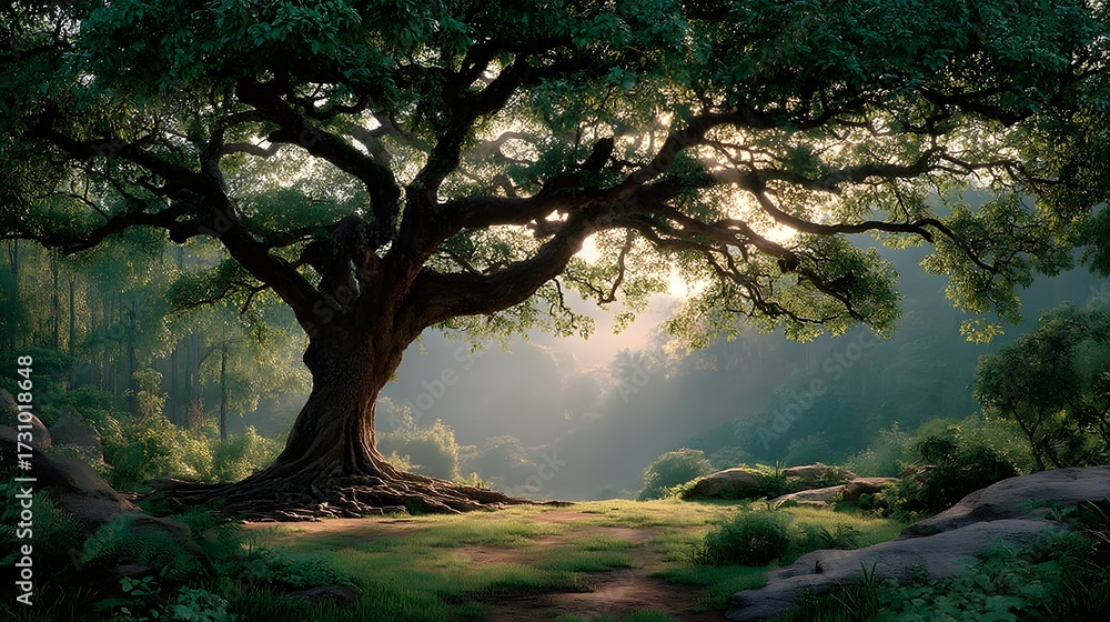 Fototapeta premium A sacred bodhi tree in a peaceful forest clearing, softly lit by golden sunlight. Lush, quiet, and spiritual—ideal for mindfulness, reflection, or natural serenity themes with copy space.