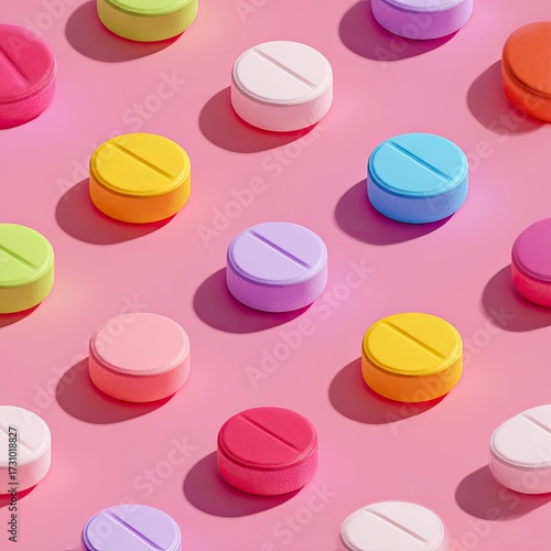 Colorful pills arranged in a grid pattern on a pink surface